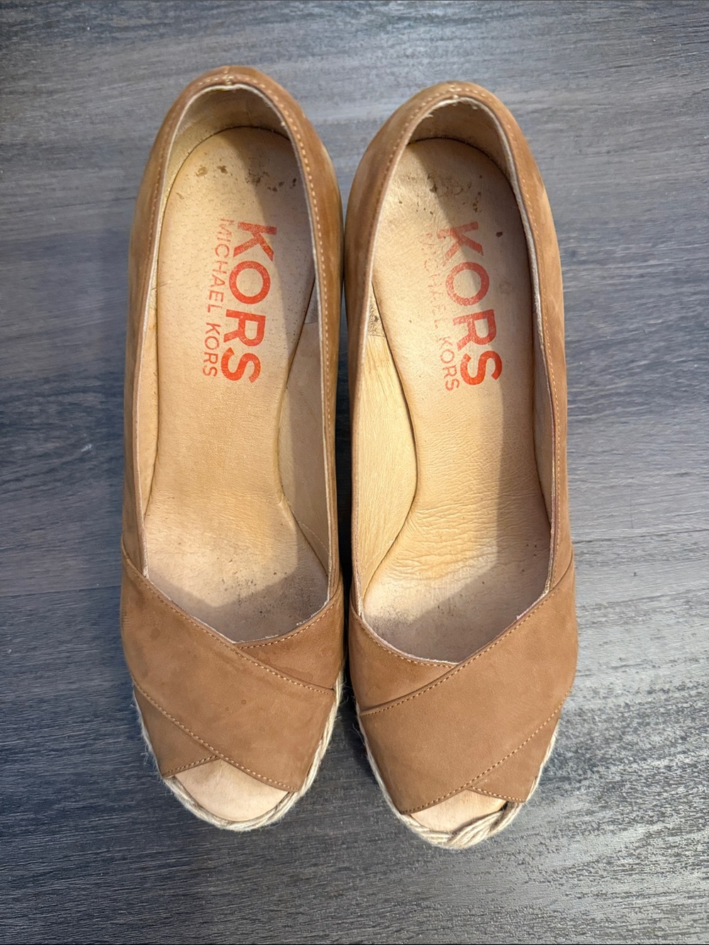 Michael Kors Cognac Suede Espadrille Wedge Peep Toe
